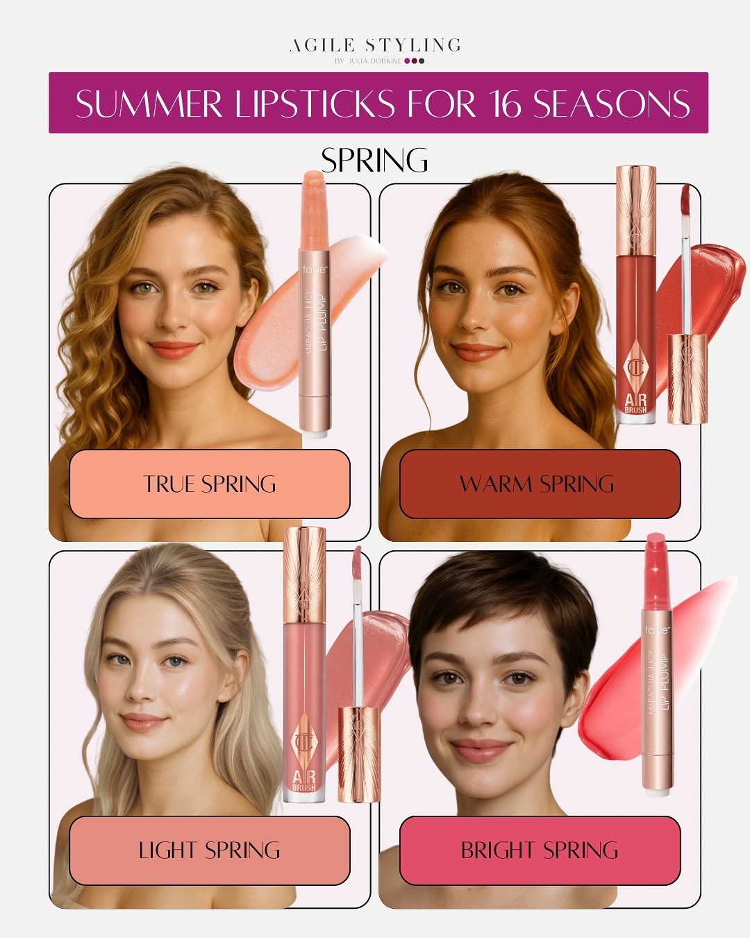 🌸 SPRING LIPSTICKS – BRIGHT, JUICY, FRESH

Spring palettes are pure sunshine in a tube! ☀️✨ Whether you glow in the peachy tones of True Spring or the sweet freshness of Light Spring, these lipsticks enhance your natural warmth and radiance. It’s all about keeping it lively, juicy, and playful. Don’t underestimate how much one right color can change your whole vibe!

💄 Want to know your Spring season? Book your color analysis – link in bio!

#SpringSeason #TrueSpring #BrightSpring #WarmSpring #LightSpring #SpringColors #LipstickMatch #AgileStyling #ColorStyling