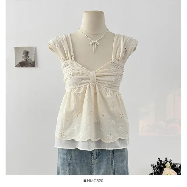 Lemongrass - V-Neck Floral Embroidered Eyelet Layered Flowy Tank Top | YesStyle.com