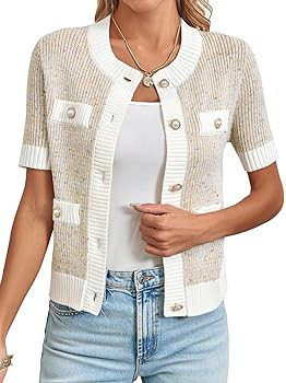 Womens Cropped Short Sleeve Cardigan Sweaters Crew Neck Button Down Tweed Cardigans Knitwear Tops... | Amazon (US)