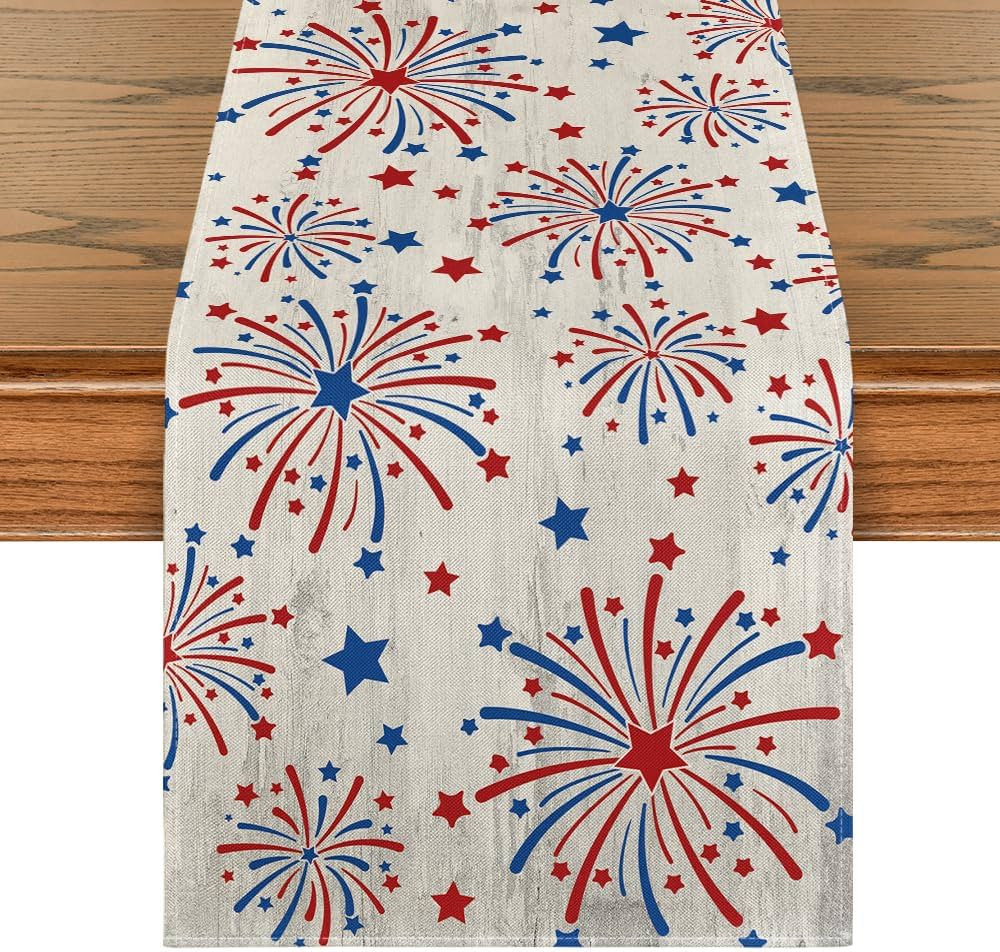 Artoid Mode Silver Fireworks Patriotic 4th of July Table Runner, Seasonal Kitchen Dining Table De... | Amazon (US)