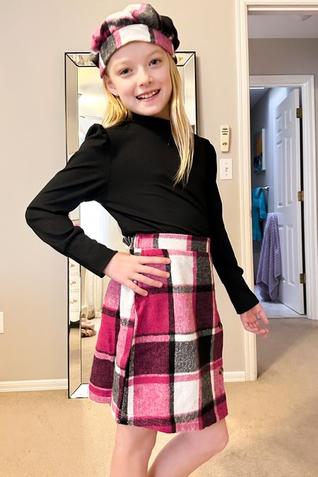 Kids Shein try on haul! Girls style. Girls fashion. Tween style. The cutest pink and black plaid skirt with a matching French beret and turtleneck. 

#LTKkids