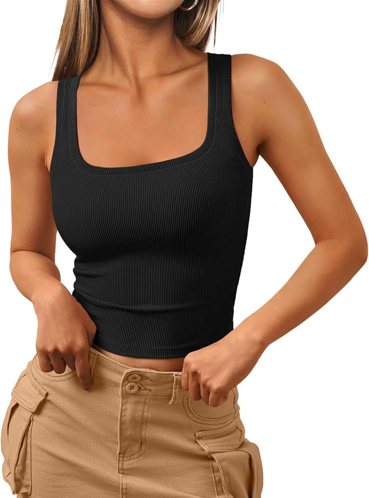 Trendy Queen Womens Square Neck Tank Tops Workout Cropped Ribbed Summer Camisole Sleeveless Cloth... | Amazon (US)
