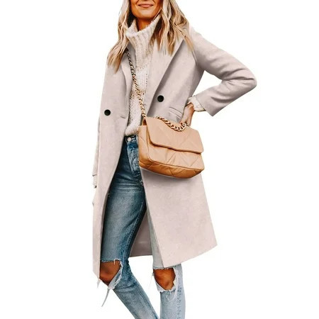 Women s Wool Pea Coats Casual Lapel Single-Breasted Long Peacoat Trendy 2024 Fall Winter Jackets Outfits for Women Beige XL | Walmart (US)
