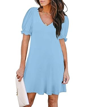 Aloodor Women's Casual Dresses Short Sleeve V-Neck Dress with Pockets | Amazon (US)