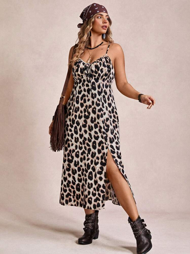 SHEIN VCAY Plus Size Women's Leopard Printed Ruffle Chest Slit Thigh High Summer Sundress,Dresses Casual | SHEIN