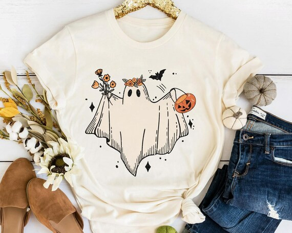Floral Ghost With Pumpkin Shirt Jack-o-lantern T-shirt Cute - Etsy | Etsy (US)
