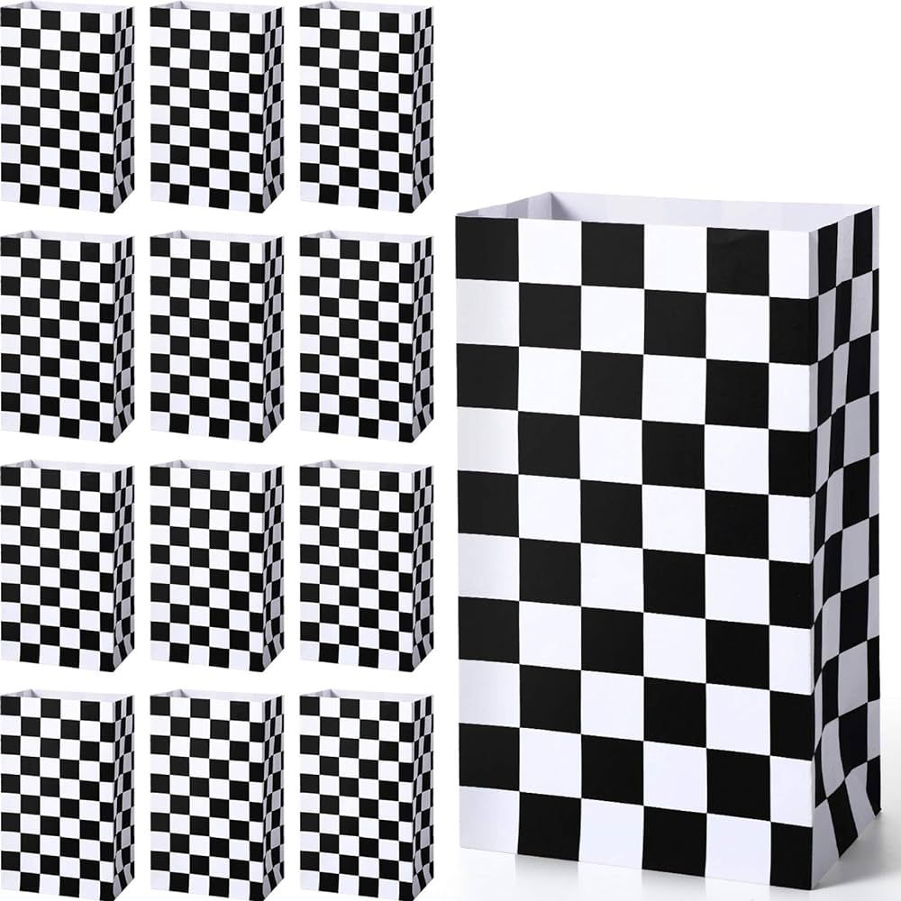 28 Pack Checkered Racing Treat Bags, Black and White Race Car Favor Bags, Kraft Paper Popcorn Box... | Amazon (US)