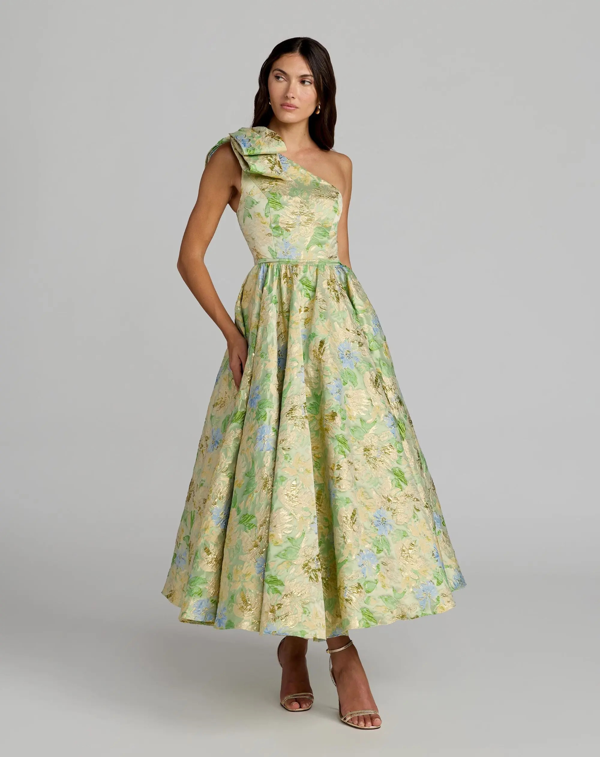 Green One Shoulder Brocade Midi Dress With Bow Detail | Mac Duggal | Mac Duggal