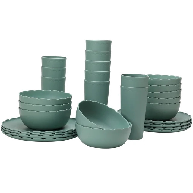 Mainstays 30-Piece Plastic Scalloped Dinnerware Bundle Set, Sage | Walmart (US)
