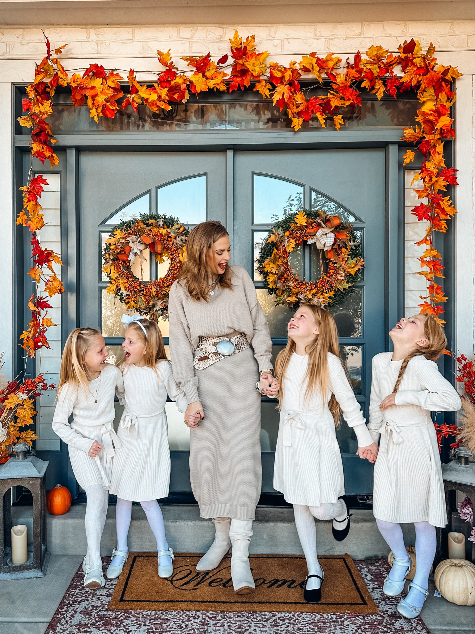 Sweater dresses are the best ever! 
I’m wearing this one from free people and it’s soooo much better than I even thought! Make sure to size down one size as it’s made to be oversized but looks way cuter sized down one. Wearing a small here 

The girls sweater dresses are great quality and from Abercrombie and Fitch! Currently on sale! Only $25! True to size! 

My boots are from Amazon! Loved them so much i now have them in 2 colors! True to size 

My belt is from Pure Dixie- I can’t link here 🤗