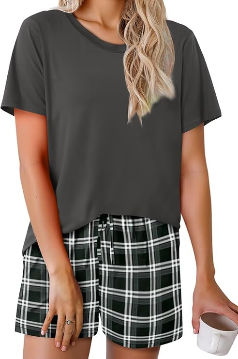 Womens Lounge Set for Home Casual 2 Piece Round Neck Short Sleeve Top Plaid Shorts Loose Fit Slee... | Amazon (US)