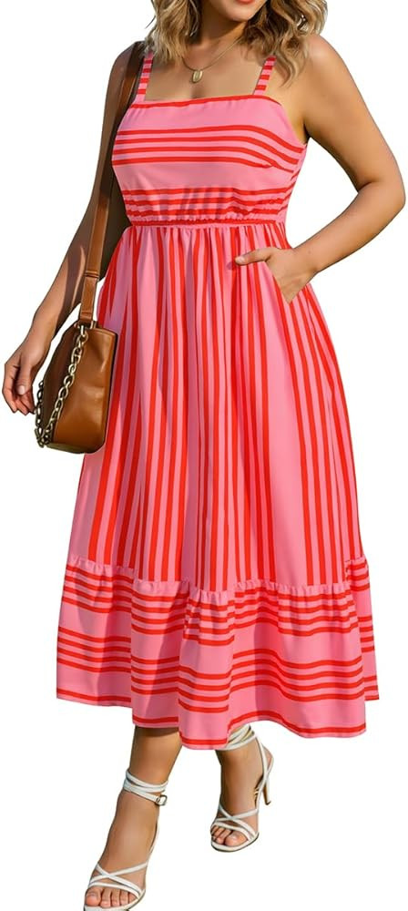 RITERA Plus Size Back Smocked Pink Stripe Summer Dresses for Curvy Women Maxi Elastic Waist Squar... | Amazon (US)