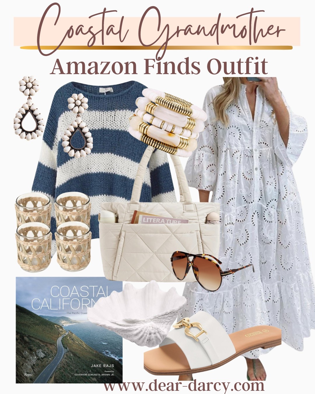 Coastal Grandmother outfit inspo. Amazon Finds outfit

Beautiful and affordable white eyelet maxi dress tts

Blue and white stripe spring weight sweater 

White quilted bag affordable and perfect for travel and the beach 

Beaded Bracelet stack in white and gold so affordable and very designer looking. $11.99 for all

White slide with gold horse bit detail  block heel 

Beaded white earrings look very designer yet  $12 and on sale 50% off

Sunglasses Such fun shades

California Coastal coffee table book 

Large White Sea shell 

Cane covered drinking glasses 

The perfect coastal outfit for spring /travel/brunch/seaside shopping 

#LTKStyleTip #LTKFindsUnder50 #LTKOver40