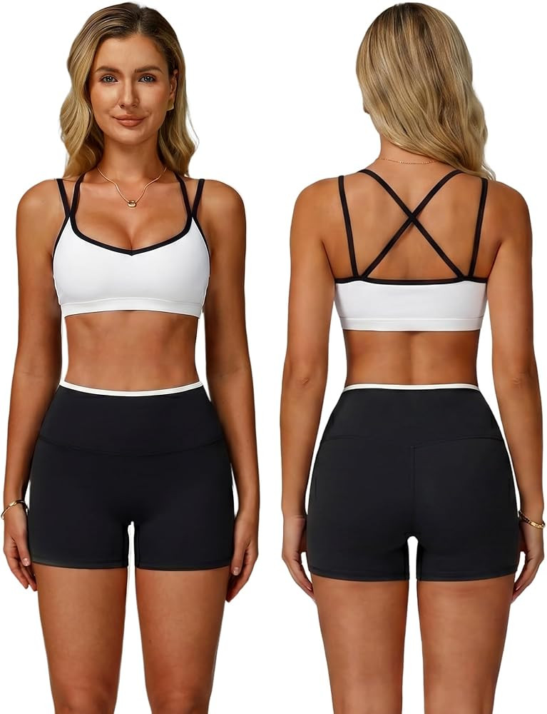 ABOCIW Workout Sets for Women 2 Piece Color Block Strappy Sports Bra High Waist Shorts Gym Yoga P... | Amazon (US)
