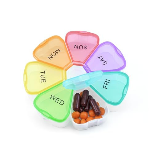 Quacc Cute Weekly Pill Organizer Travel 7 Day Portable Round Floral Pill Case Box Pill Container Medcine Holder for Large Vitamin Fish Oil Pill Medication Supplement Storage - Rainbow | Amazon (US)