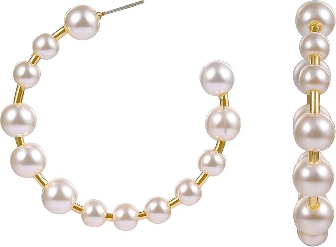 Pearl Hoop Earrings for Women - Circle Faux Pearl Open Hoop Earring Gold for Mother Girl | Amazon (US)