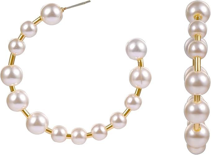 Pearl Hoop Earrings for Women - Circle Faux Pearl Open Hoop Earring Gold for Mother Girl | Amazon (US)