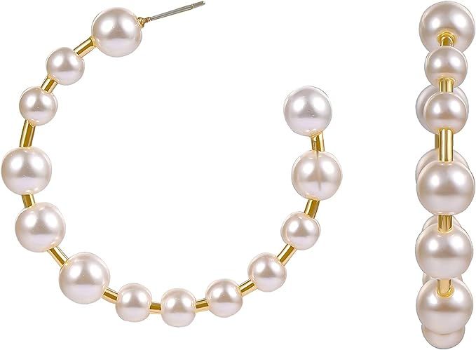 Pearl Hoop Earrings for Women - Circle Faux Pearl Open Hoop Earring Gold for Mother Girl | Amazon (US)
