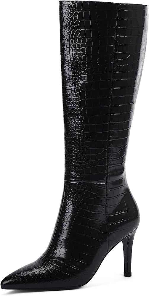 Modatope Knee High Boots Women High Heel Pointed Toe Tall Boots Faux Crocodile Boot for Women | Amazon (US)