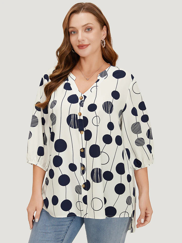 Polka Dot Button Detail Lantern Sleeve Split High Low Blouse | Bloomchic