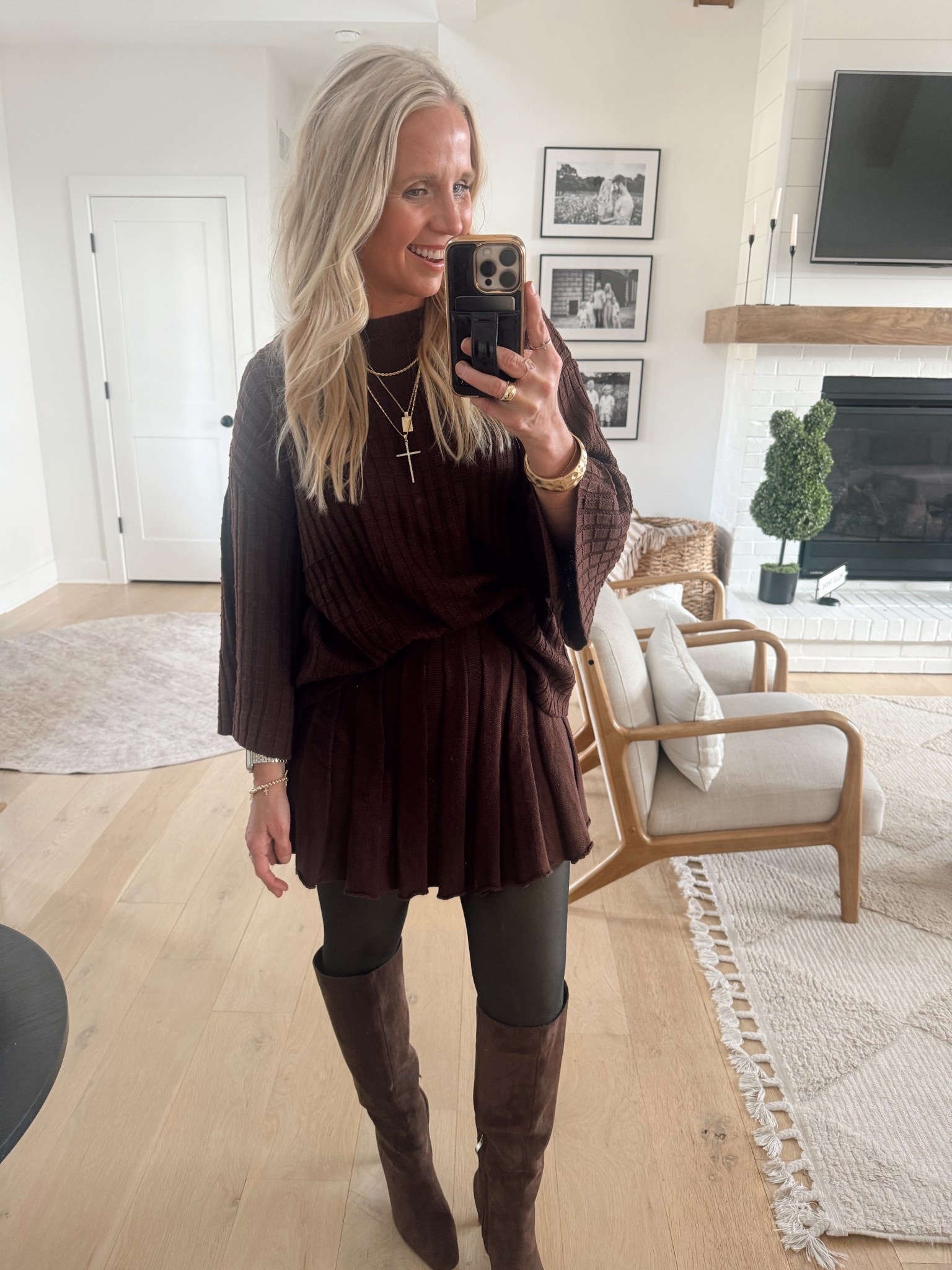 I'm wearing a small in the skirt sweater set and a small in the jacket. These fleece lined tights are a must have for cold days! And my boots are comfortable with a wider heel.

#LTKOver40 #LTKootd #LTKmomlife