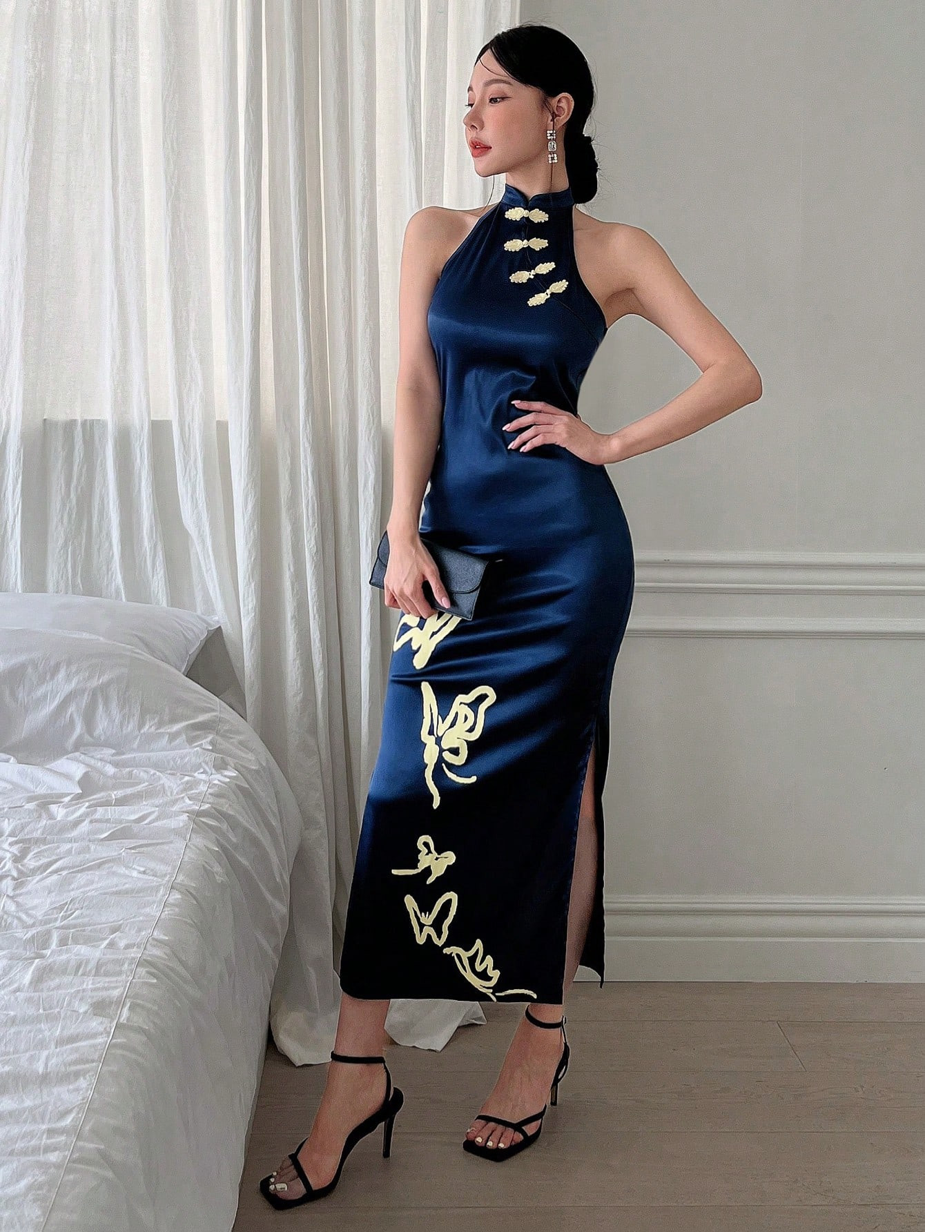 SHEIN EastFlair Women's Elegant Cheongsam Style Butterfly Printed Dress With Side Slit | SHEIN