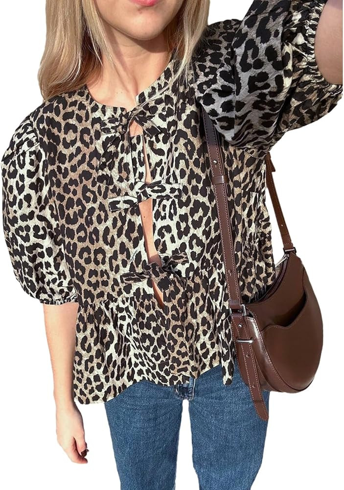 Women Tie Front Puff Sleeve Blouse Peplum Shirt Cute Casual Babydoll Tops Teen Girls Cute Summer ... | Amazon (US)