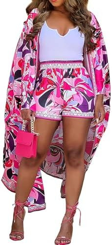 QegarTop Kimono Shorts Set for Women Two Piece Summer Vacation Outfits Flowy Beach Cover up Duste... | Amazon (US)