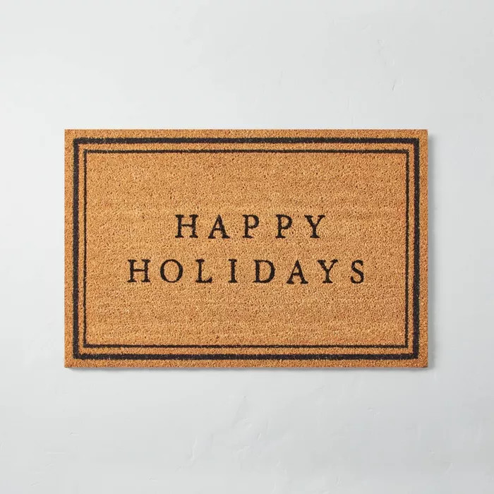 Happy Holidays Bordered Coir Doormat Tan/Black - Hearth & Hand™ with Magnolia | Target