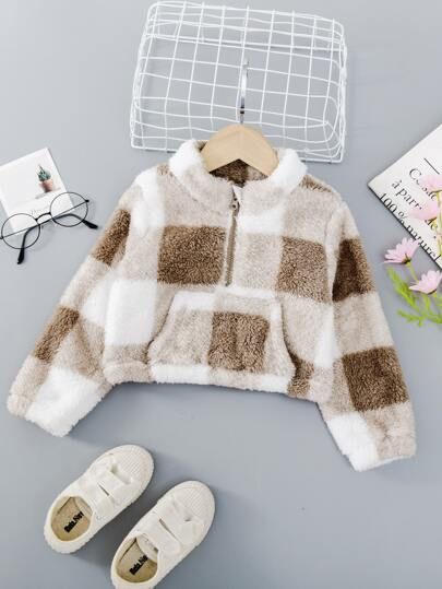 Toddler Girls Buffalo Plaid Print Half Zip Flannel Sweatshirt | SHEIN