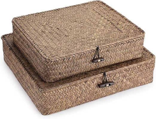 Hipiwe Set of 2 Flat Woven Wicker Storage Bins with Lid Seagrass Basket | Amazon (US)