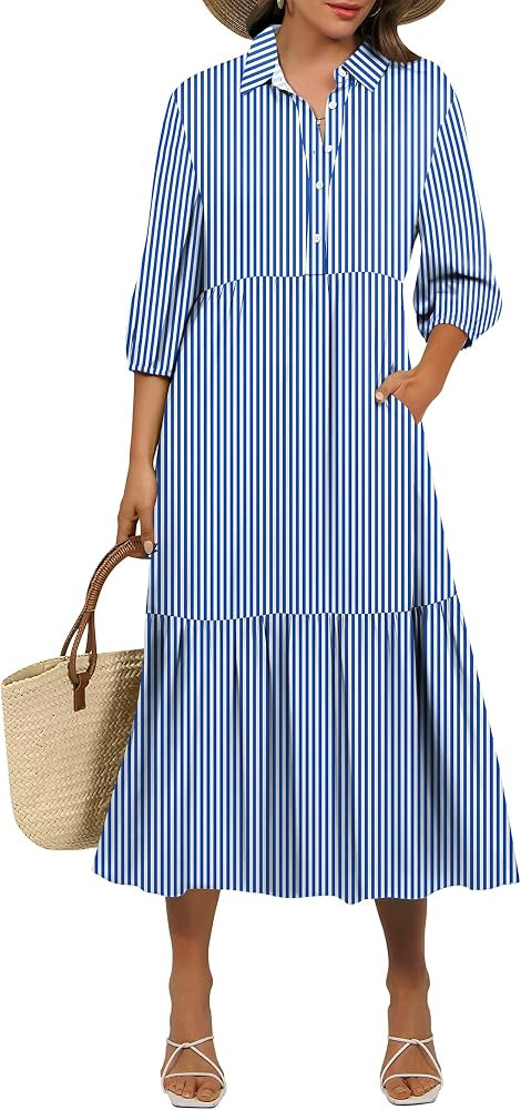 ANRABESS Women Summer Dress 2026 3/4 Puff Sleeve Polo V Neck Floral Print Casual Boho Shirt Maxi ... | Amazon (US)