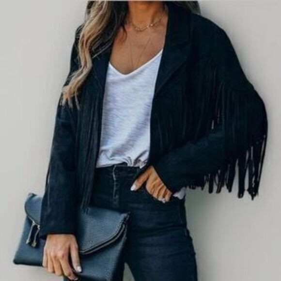 Black Fringe Women's Jacket faux suede blazer | Poshmark