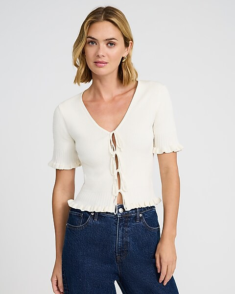 Tie Front Cutout Short Sleeve Sweater | Express