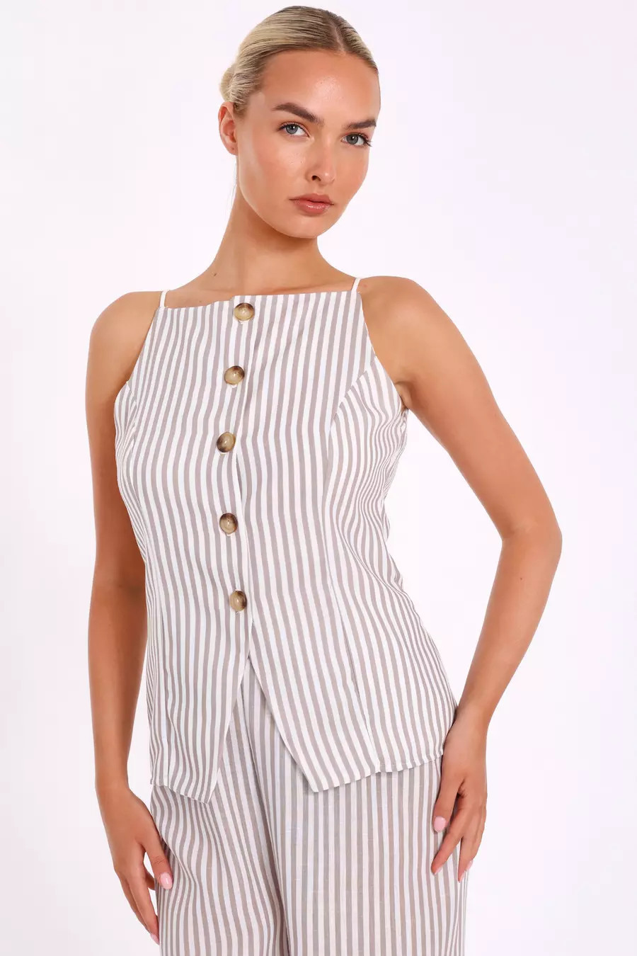 Stone Striped Boat Neck Waistcoat | Quiz Clothing