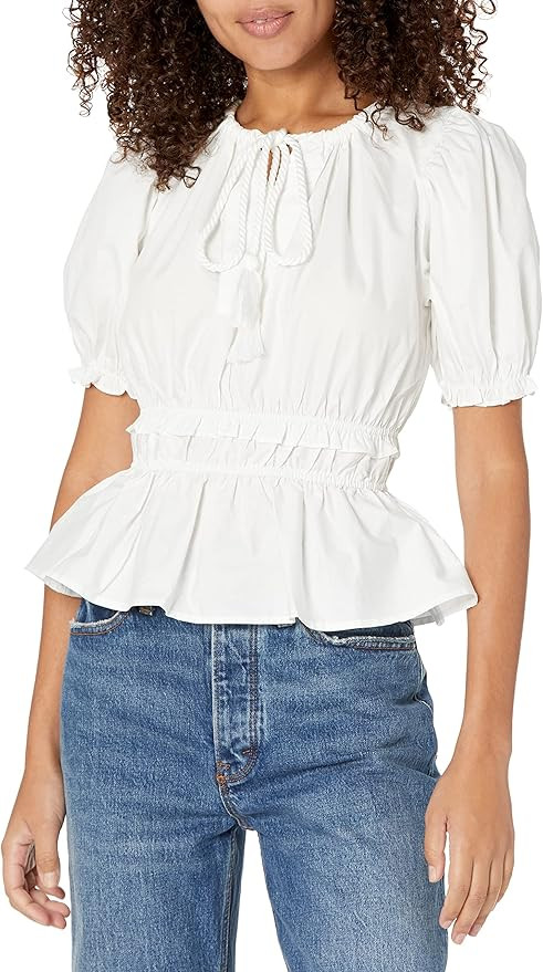 MOON RIVER Women's Gathered Neck Shirred Ruffle Top | Amazon (US)
