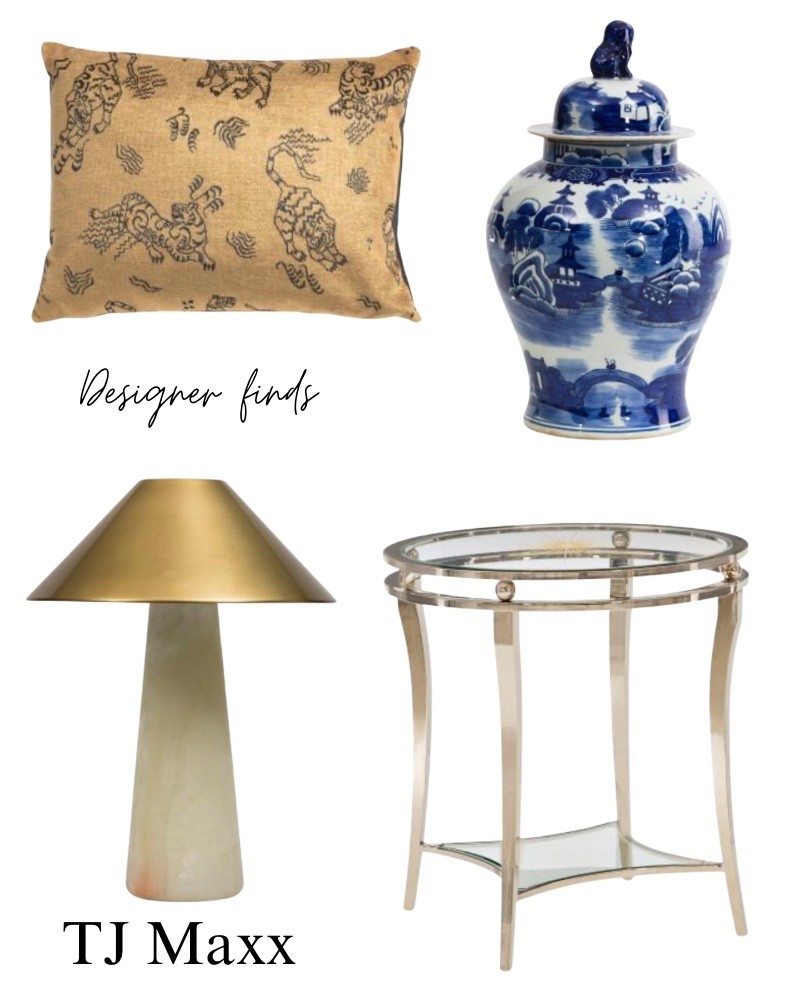 Designer finds on sale at TJ Maxx, tiger pillow, table lamp, caracole silver side table, blue and white ginger jar.

#LTKSaleAlert #LTKHome