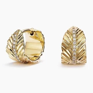14K Yellow Gold Jane Goodall Leaf Lab Diamond Huggie Earrings (1/10 ct. tw.) | Brilliant Earth