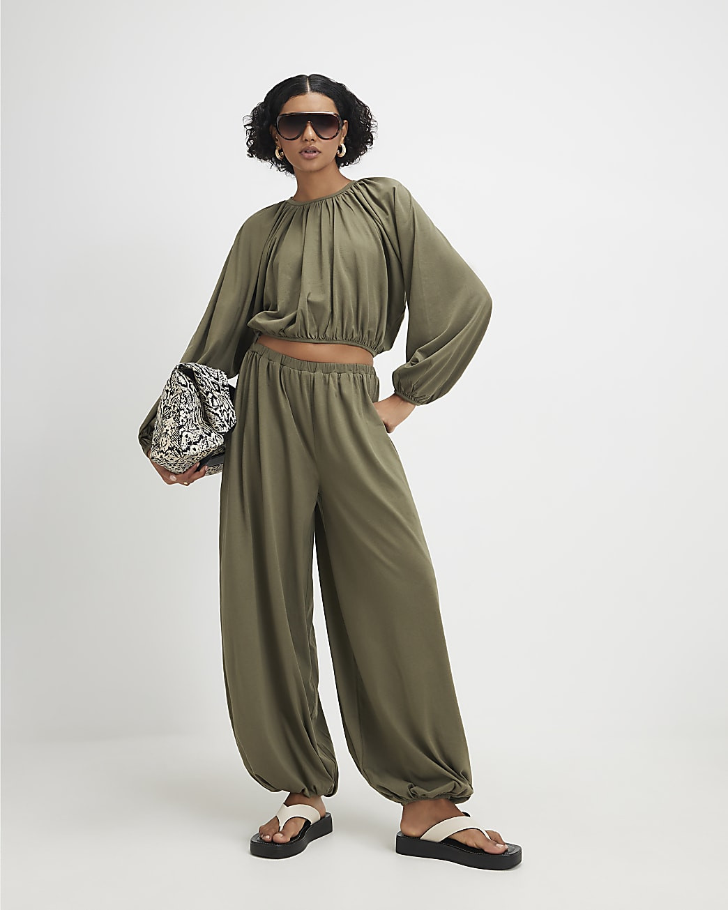 Khaki Cotton Blend Bubble Hem Trousers | River Island UK & IE