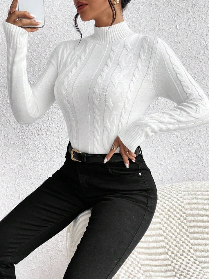 SHEIN Frenchy Mock Neck Cable Knit Sweater | SHEIN