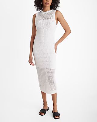 Linen-blend Crochet High Neck Sleeveless Midi Dress | Express