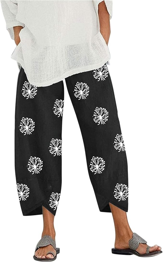 Cotton Linen Casual Summer Capri Pants Printed Cropped Comfy Baggy Trousers with Pockets Palazzo ... | Amazon (US)