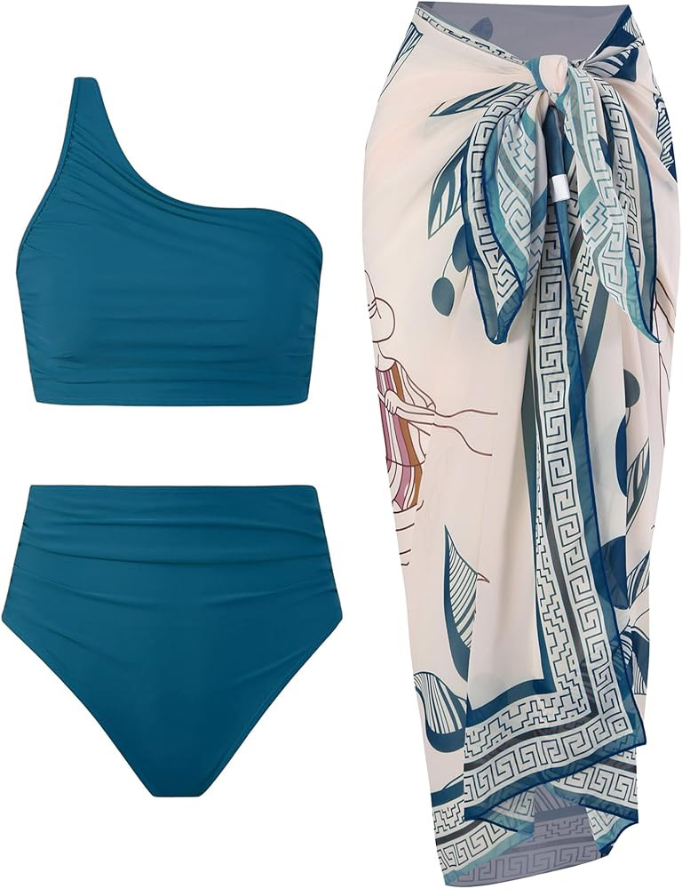 3 Piece Swimsuits for Women High Waisted Bikini Sets Retro Swimsuit with Cover up Beach Wrap Skir... | Amazon (US)