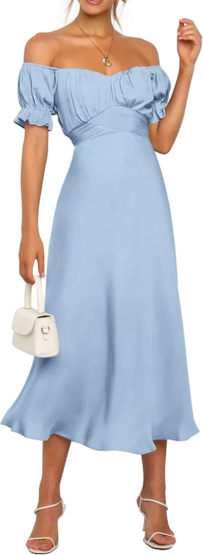 KIRUNDO 2023 Summer Women's Satin Midi Dresses Off Shoulder Wrap Ruched Wedding Guest Party Cocktail | Amazon (US)