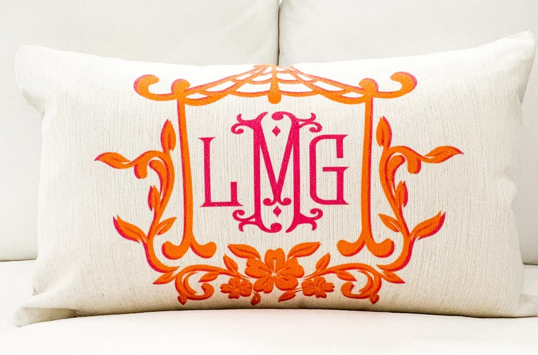 MONOGRAM PILLOW COVER, Pink and Orange Pagoda Frame, Chinoiserie, No Insert Included, Grand Mille... | Etsy (US)