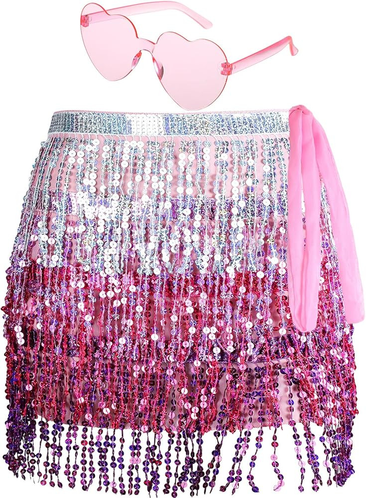 Sureio Belly Dance Sequins Skirt for Waist Circumference 31.5 Inch Christmas Sparkly Fringe Skirt... | Amazon (US)