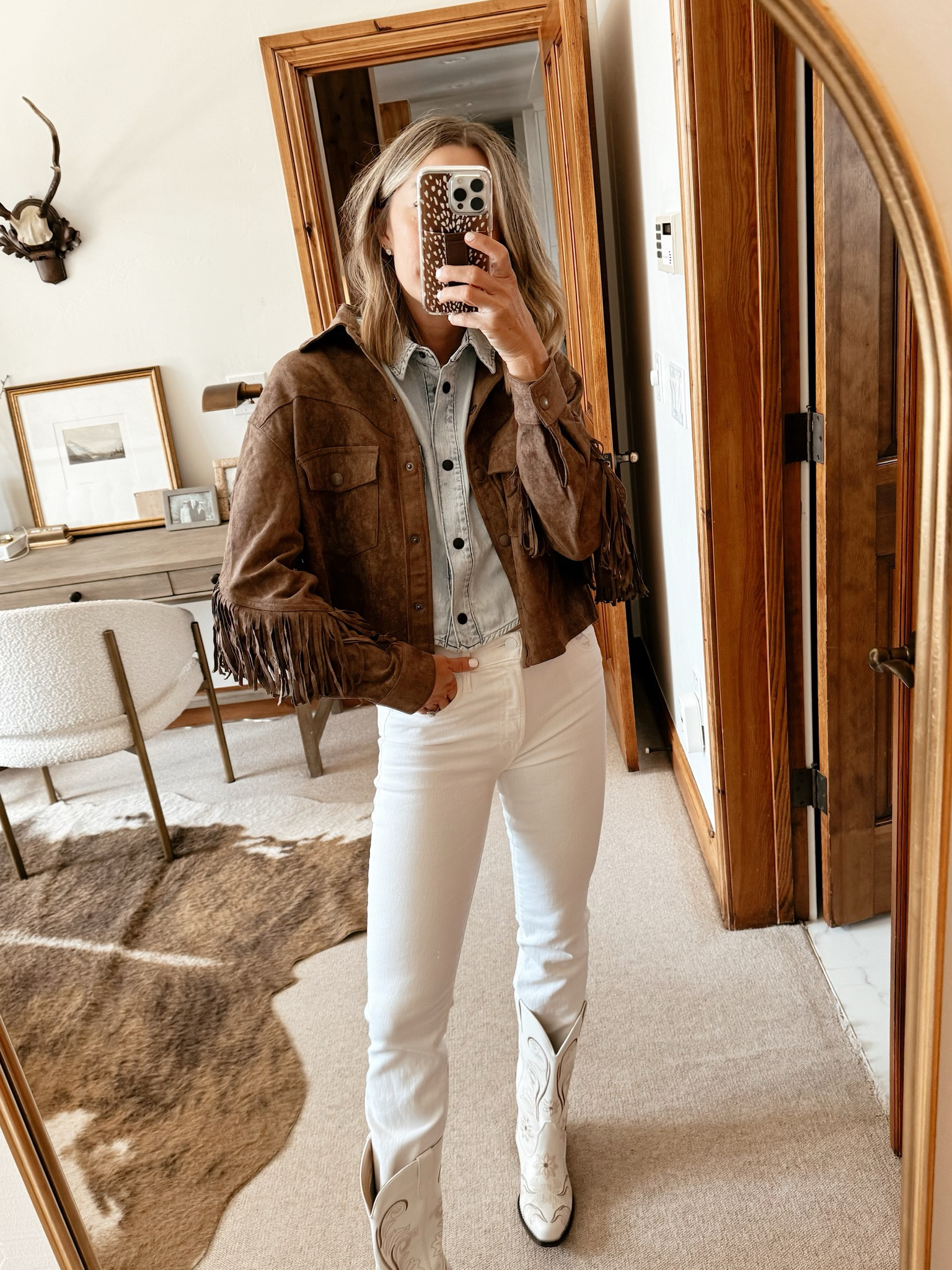 Western styled outfit with new fringe jacket 😍 size small
Cowboy boots from Amazon 

#LTKstyletip #LTKshoecrush