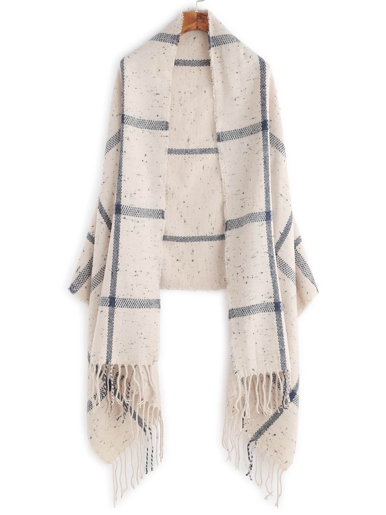 Beige Plaid Mottled Fringe Shawl Scarf | Romwe