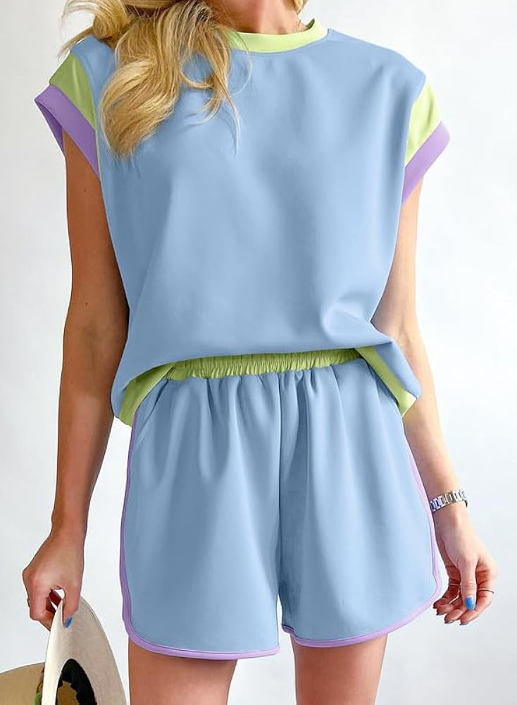 SHEWIN Women's Two Piece Lounge Sets Casual Short Sleeve Pullover Tops Matching Shorts Loungewear... | Amazon (US)