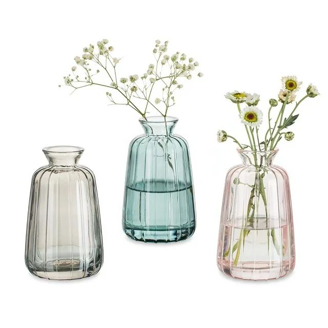 Glasseam Small Glass Bud Vase 4.52"Colorful Cute Ribbed Vases for Flowers Set of 3 (Pink+Grey+Gre... | Walmart (US)